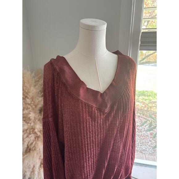 Free People Southside Thermal V-Neck Top XS Burgundy Red Slouchy Waffle Knit - Picture 3 of 8